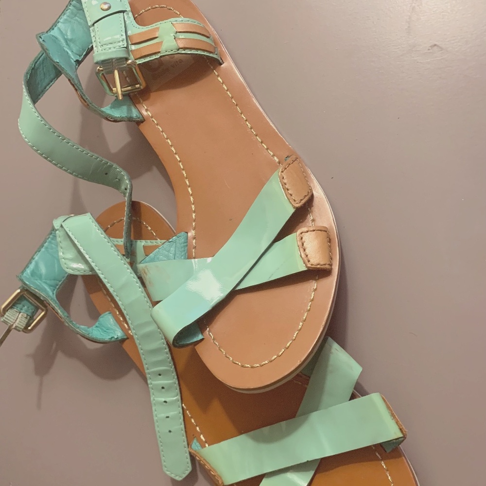 DV Turquoise/Seafoam Strappy Ankle Sandal & Tan Sole & White Bottoms, Comfy (7)